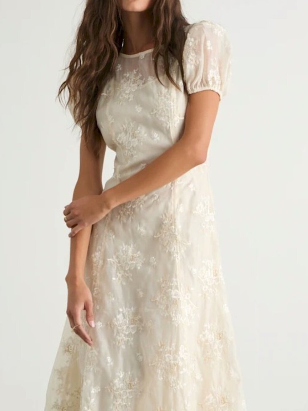 Lulus Elfrieda Cream Floral Embroidered Puff Sleeve Midi Dress Medium New NWT - Picture 4 of 10